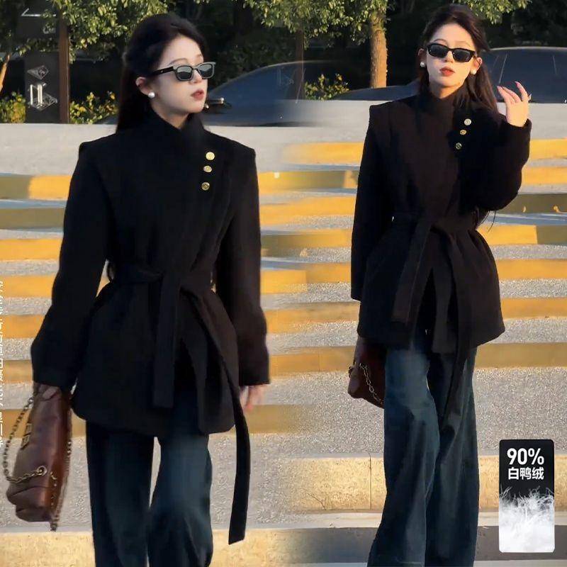 羽绒毛呢大衣女2025冬季新款洋派百搭高级感女士毛呢外套收腰系带