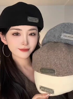 黑色贝雷帽女春秋大头围显脸小反戴前进帽秋冬季定型毛呢画家帽子