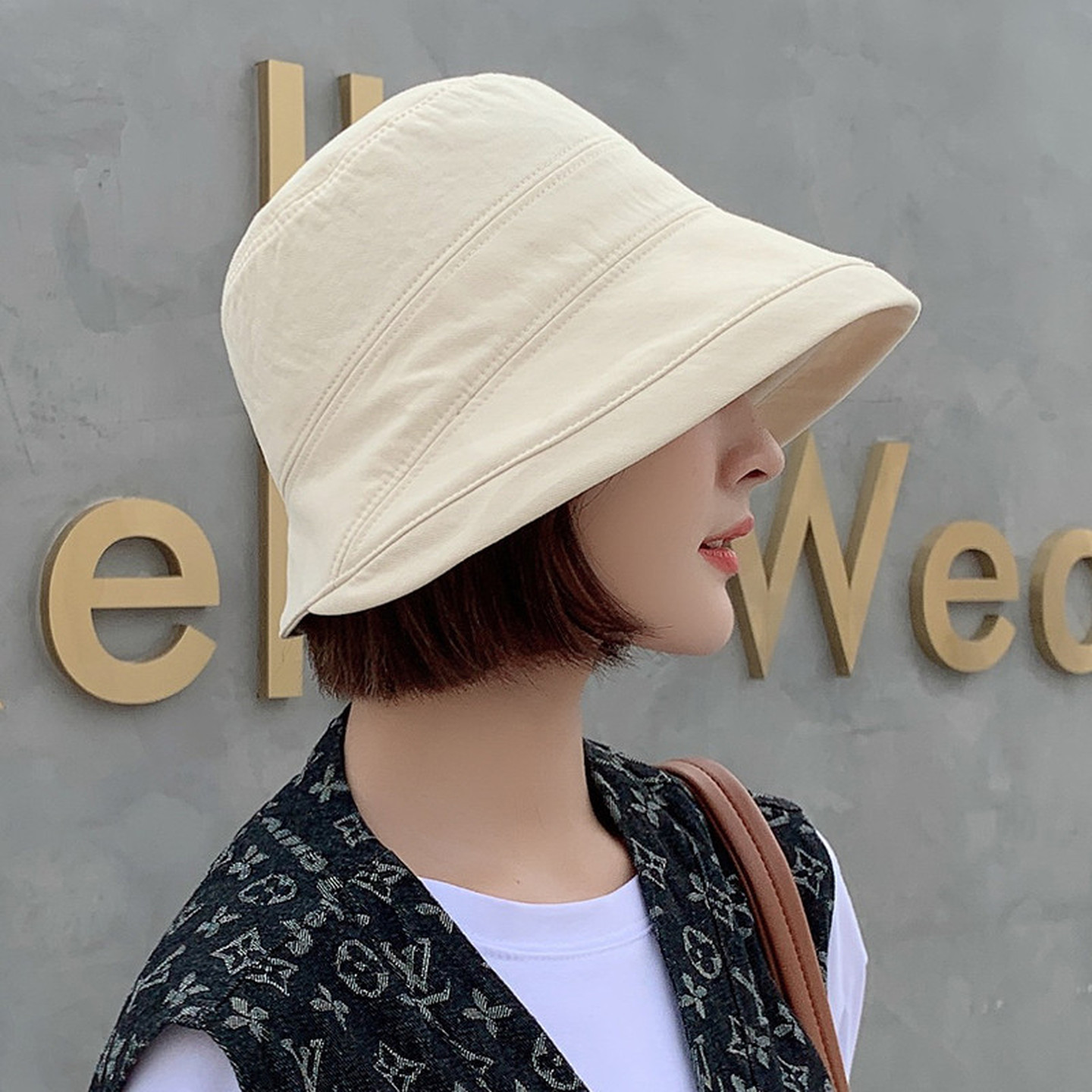 卷边渔夫帽子女夏季防晒帽日系早春秋遮阳帽薄款黑色小沿女士盆帽