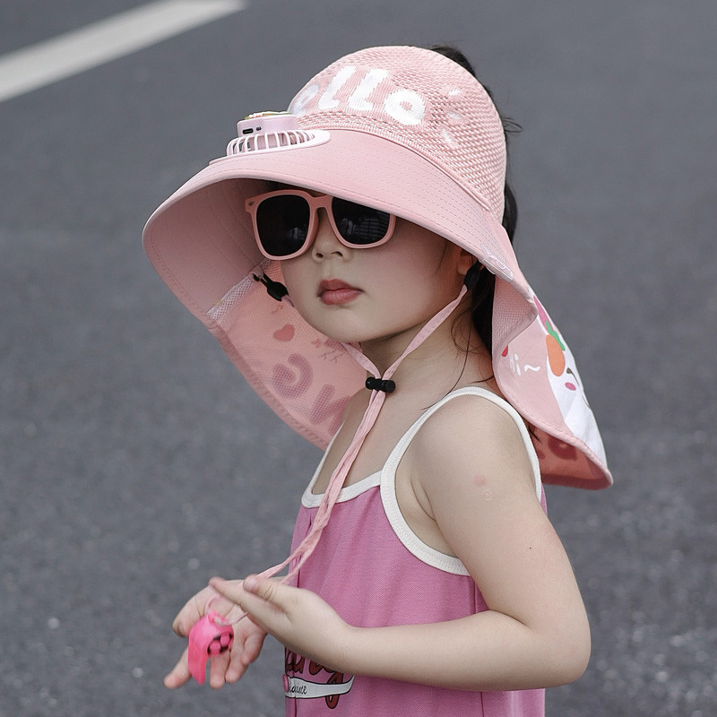 带风扇的帽子儿童防晒帽遮阳女童夏季空顶披肩帽女孩男童太阳帽潮