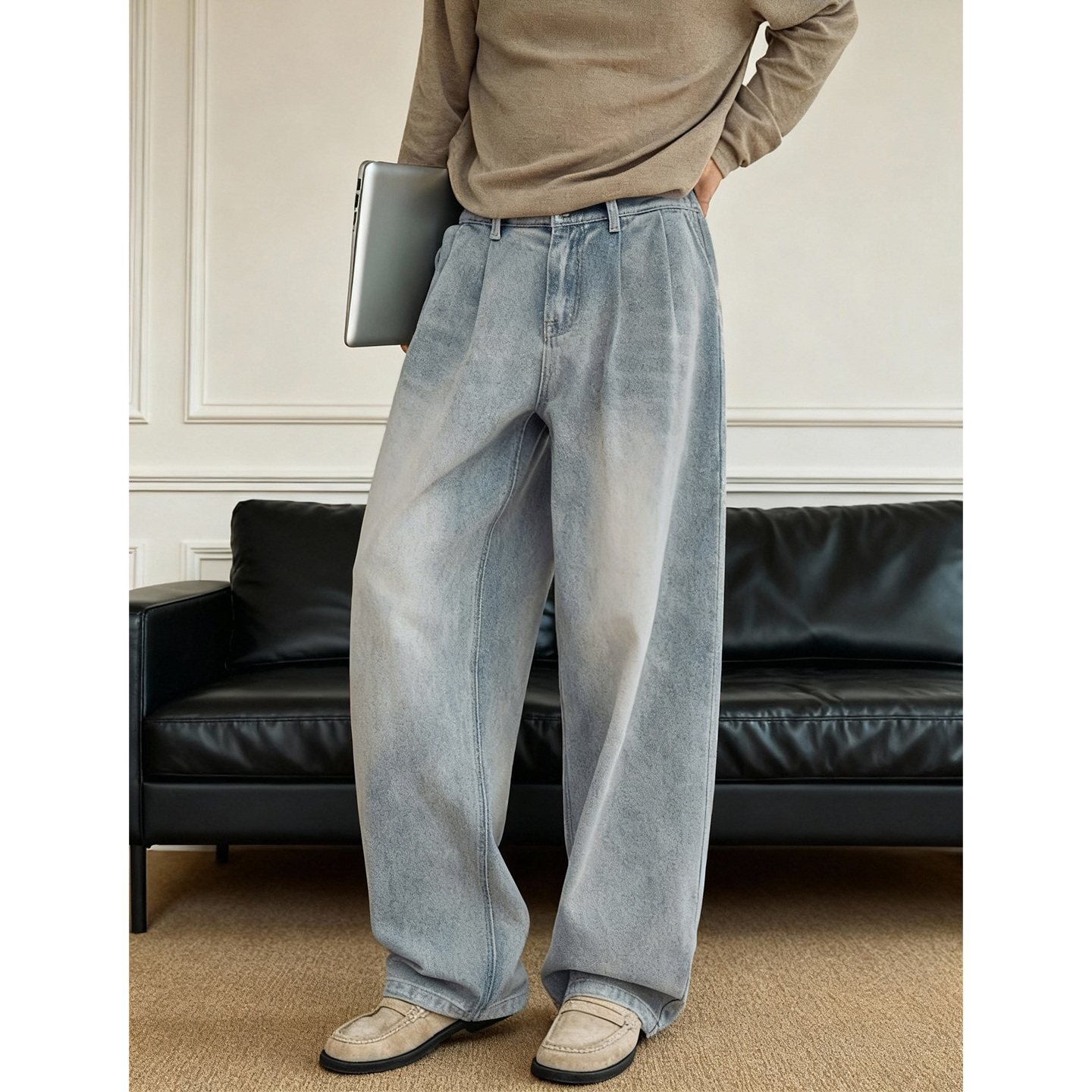 水洗做旧牛仔裤男士春季宽松直筒猫须立体打褶半松紧复古休闲长裤,男装,牛仔裤,淘宝优惠券,粉丝福利购,淘宝优惠卷