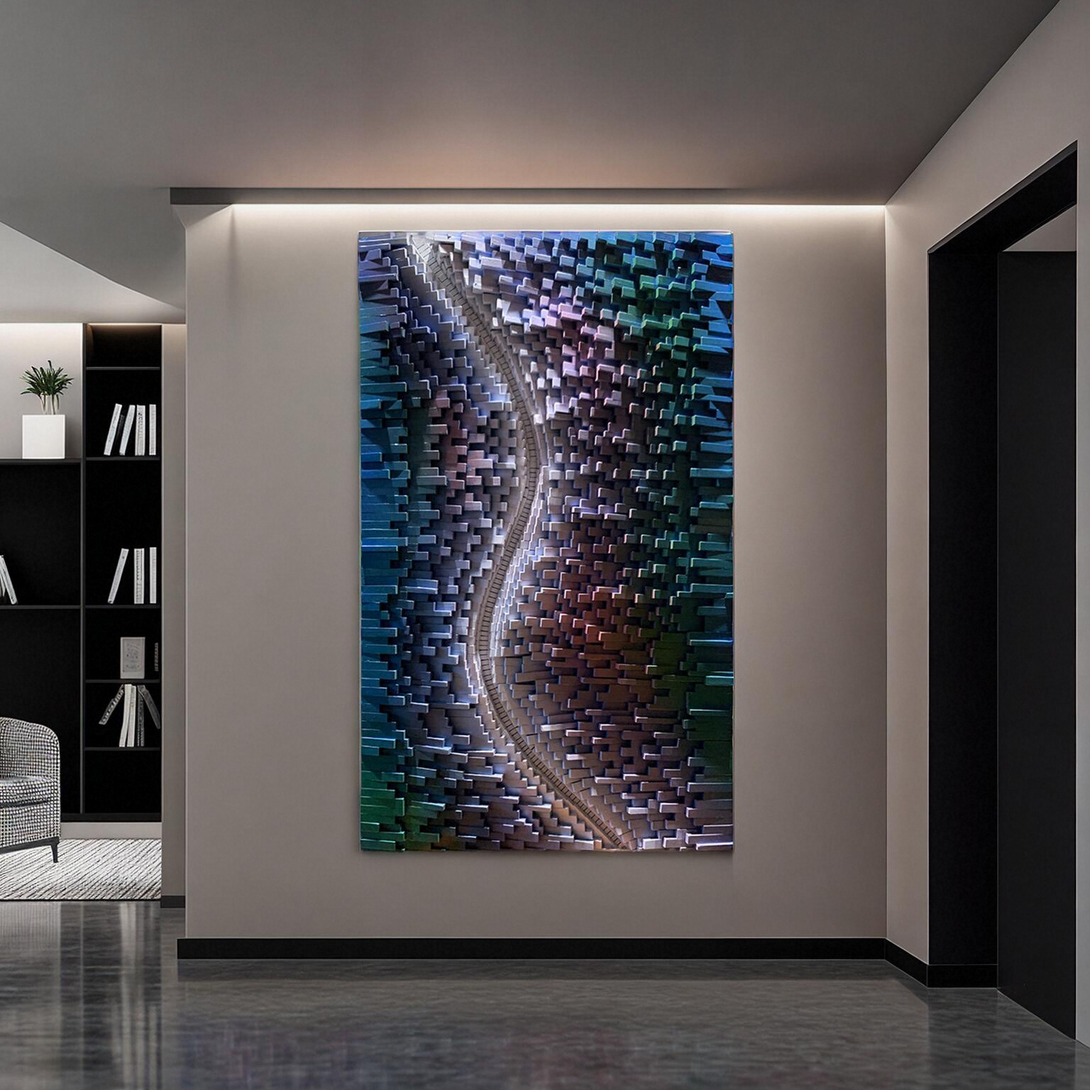 实木木头长条木条3d立体极简艺术S型沙发背景墙面彩色挂画装饰画图片