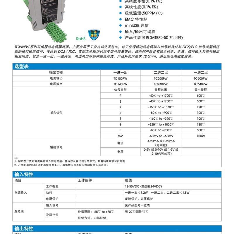 TC600PW/TC640PW 高品质隔离变送器 可编程热电偶隔离器 全新原装