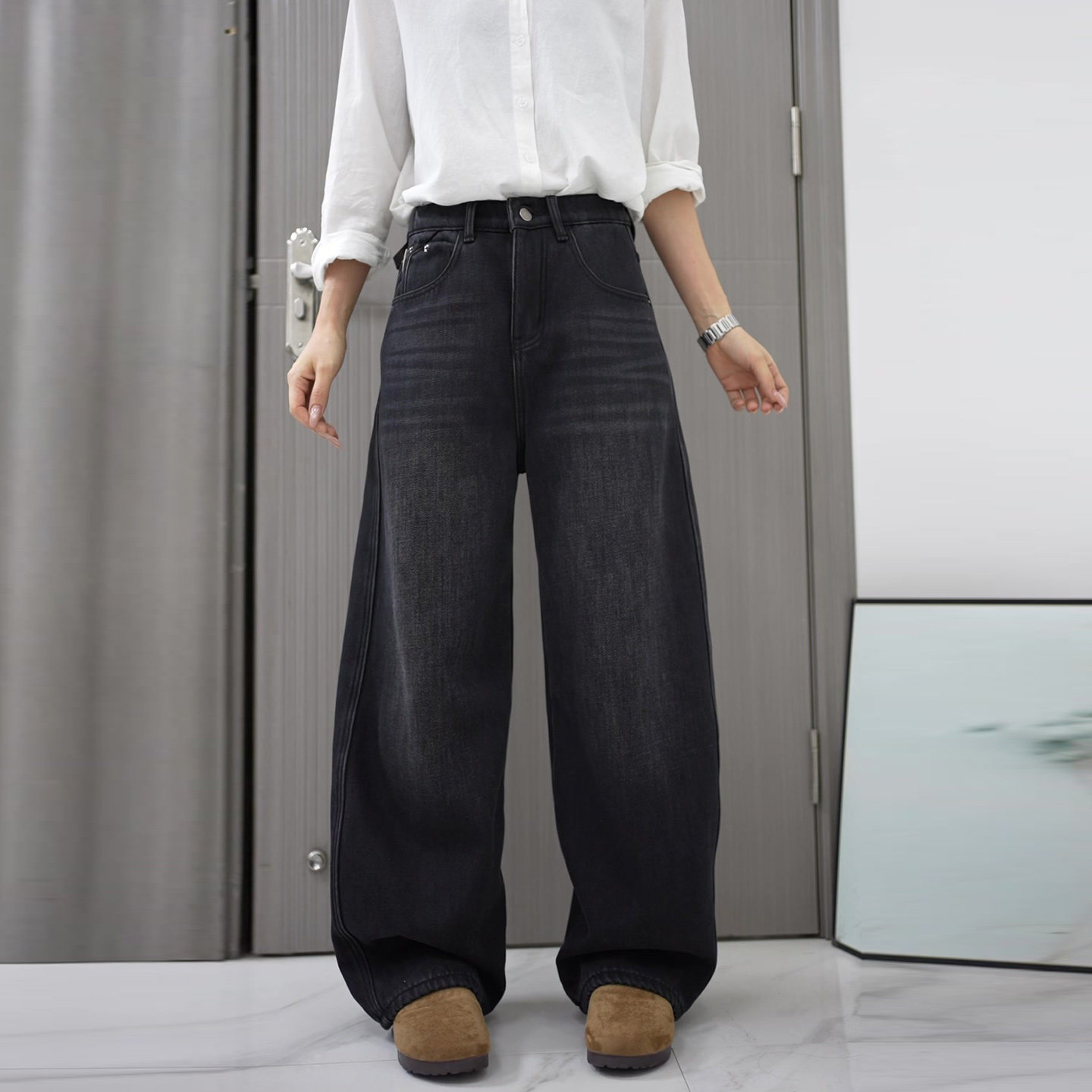 2025超火加绒牛仔裤女秋冬新款美式高腰弯刀裤宽松显瘦百搭直筒裤,女装/女士精品,大码裤装,淘宝优惠券,粉丝福利购,淘宝优惠卷