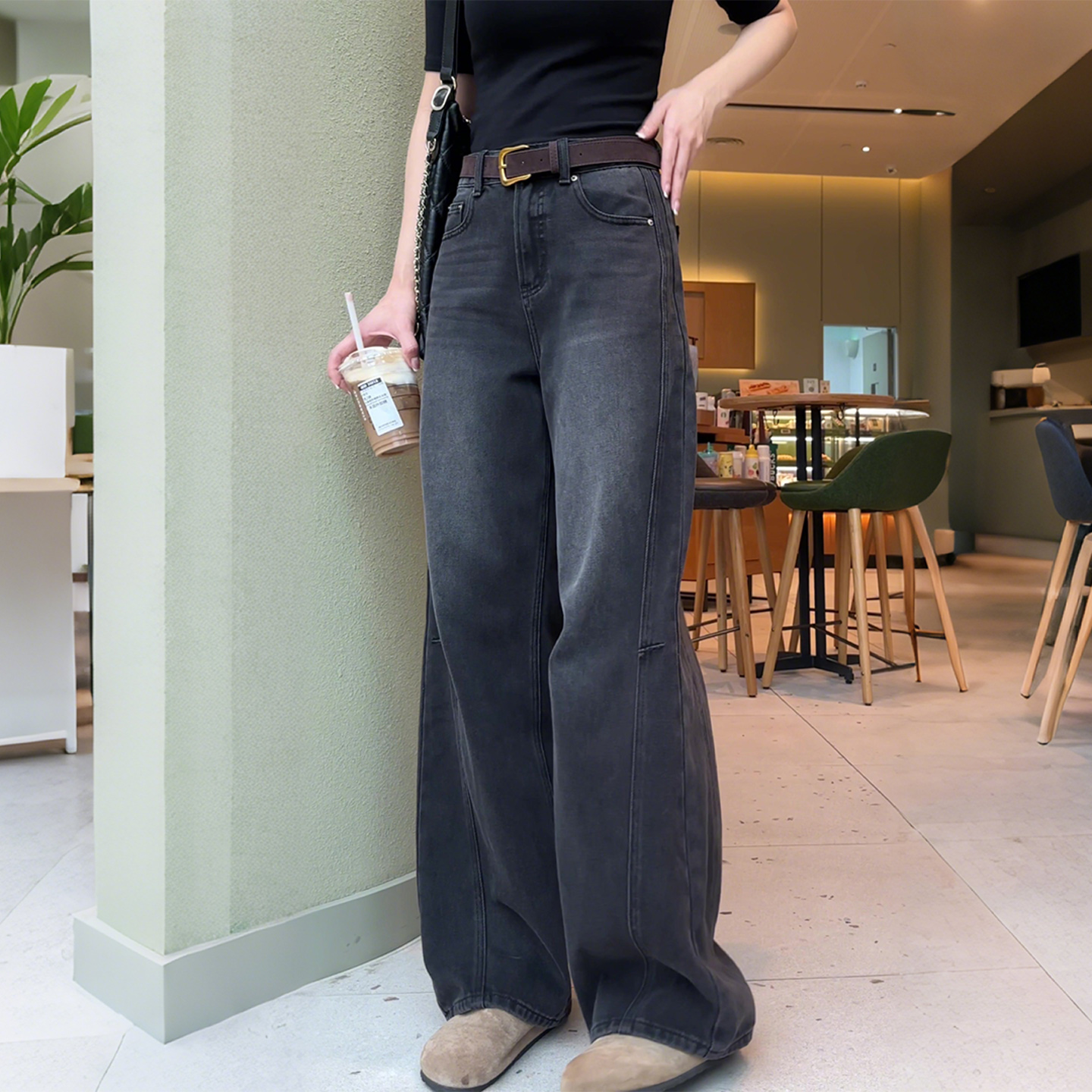 水洗高腰牛仔裤女2025年冬季新款加绒加厚阔腿裤宽松显瘦直筒裤子