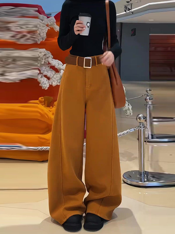 橘色弯刀加绒牛仔阔腿裤女冬季2025新款宽松显瘦百搭时尚直筒长裤
