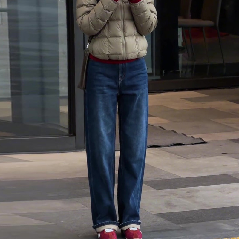 美式加绒哈伦牛仔裤女2025冬季新款大码胖mm宽松显瘦百搭直筒裤子