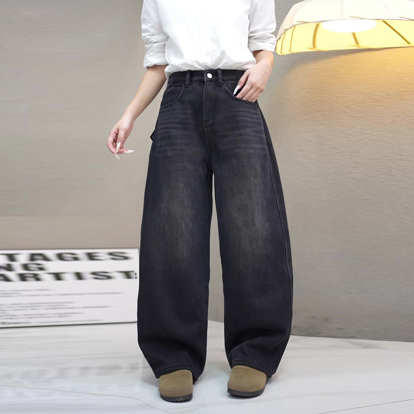 黑色加绒加厚弯刀牛仔裤女冬2025新款大码胖mm宽松显瘦窄版阔腿裤,女装/女士精品,大码裤装,淘宝优惠券,粉丝福利购,淘宝优惠卷