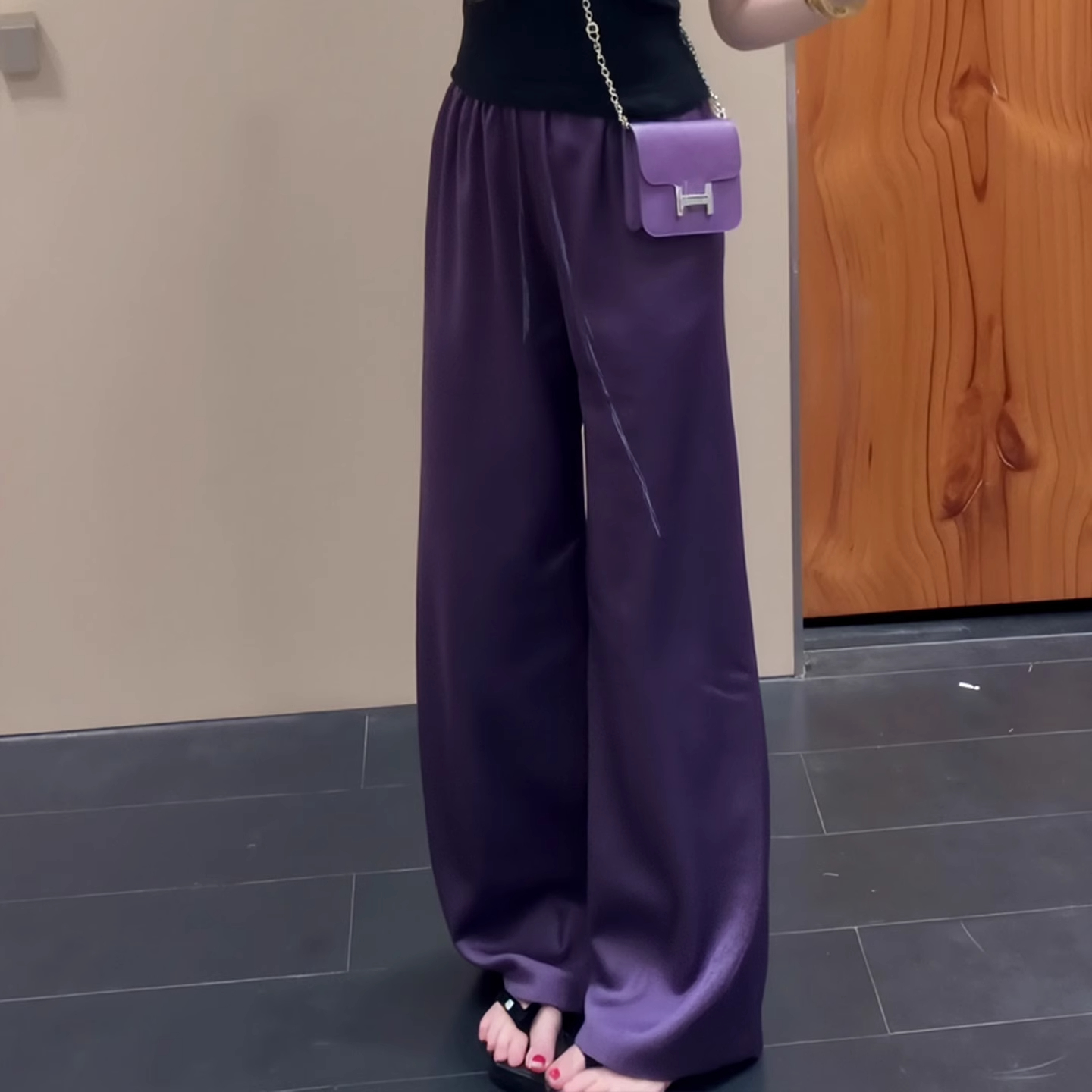 紫色缎面垂感阔腿裤女2025年夏季新款高腰直筒裤宽松显瘦拖地裤子
