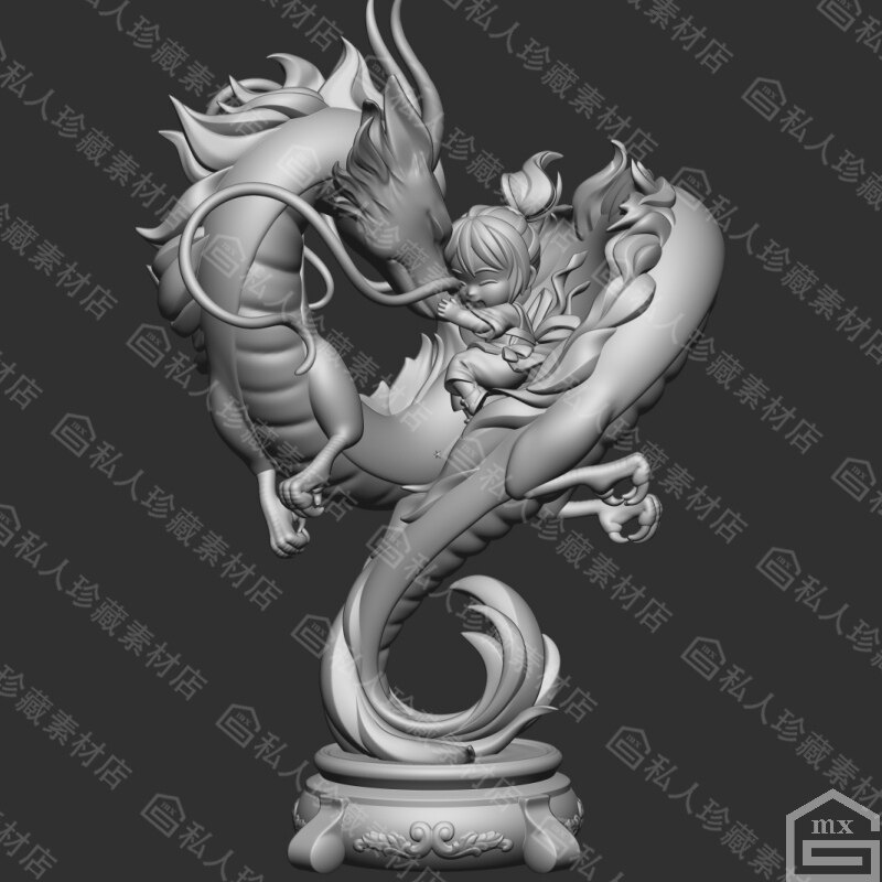 zbrush风格化中国龙3d模型stl可打印手办小女孩祥龙模型分体模型