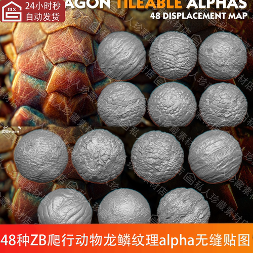 ZBrush爬行动物鳞片龙皮龙鳞纹理alpha无缝贴图ZB灰度高度贴图