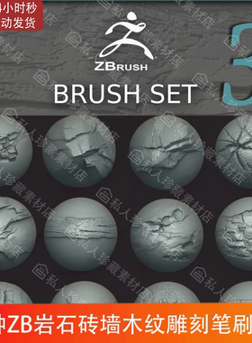 ZBrush岩石砖墙木纹表面细节雕刻笔刷ZBP石头石块纹理ZB笔刷Set 3