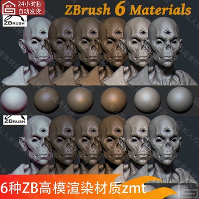 6种zbrush材质球高模渲染材质zb雕刻人体角色渲染质感白模材质