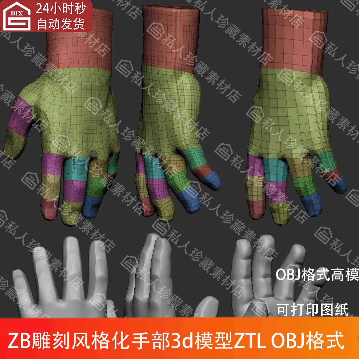 ZBrush风格化手部3d模型ZTL细分高模白模图纸ZB雕刻卡通手势手掌