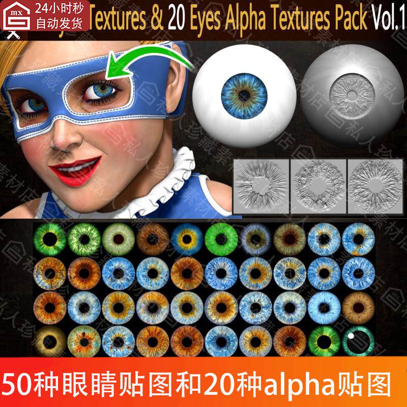 znrush眼球3d模型ZTL眼睛瞳孔虹膜贴图jpg和alpha纹理贴图素材