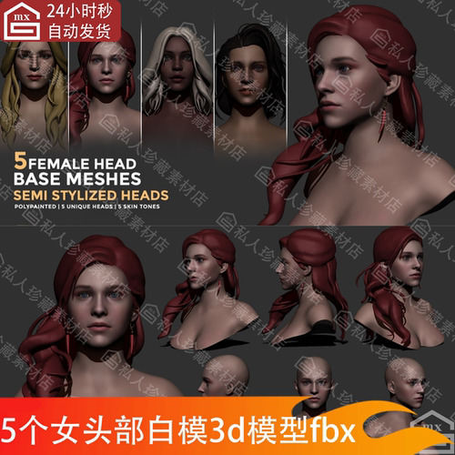 FBX格式欧美风格化女性角色头部头像3d模型低模白模发型基础模型