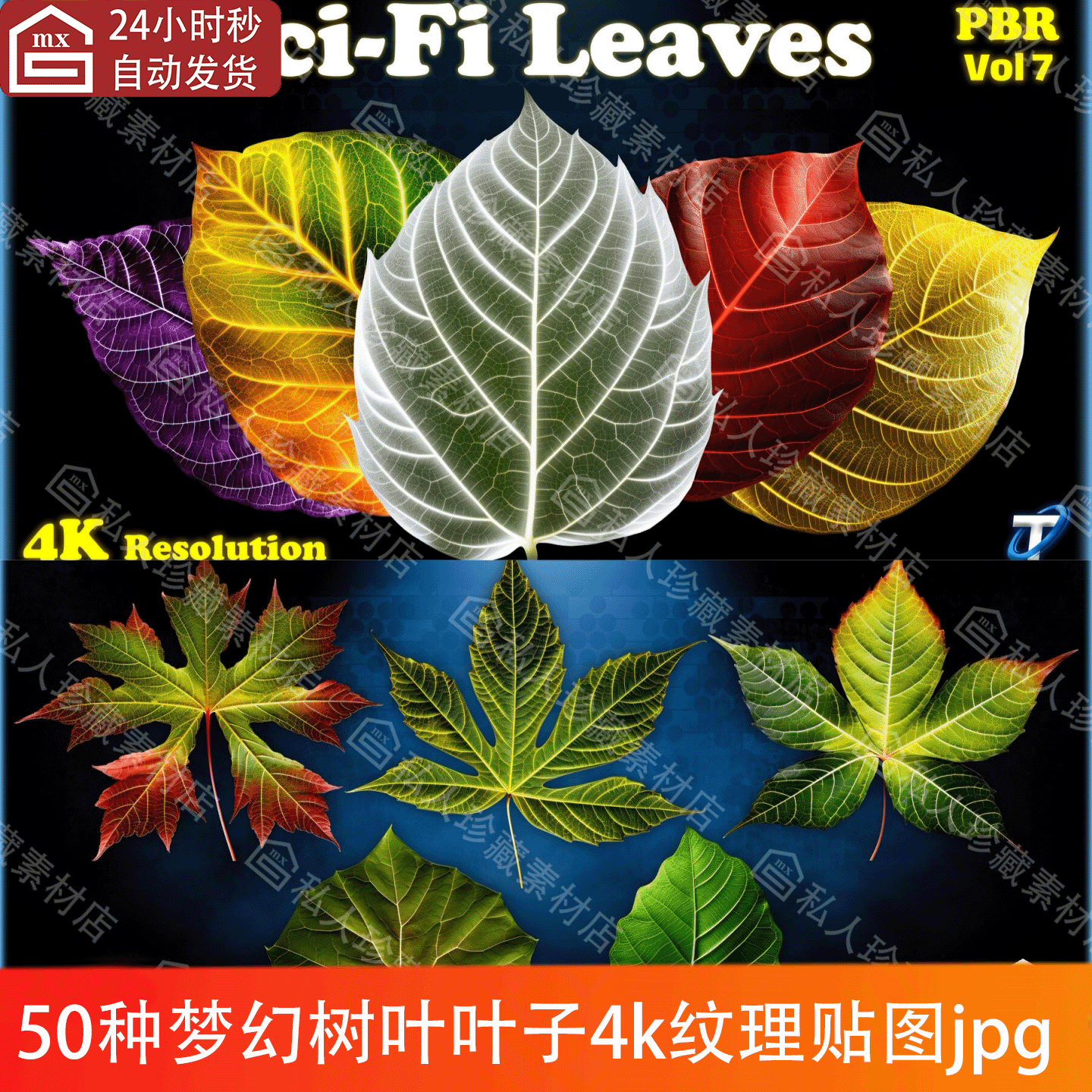 50种风格化梦幻植物树叶子绿植红枫叶龟背叶4k纹理贴图jpg素材PBR