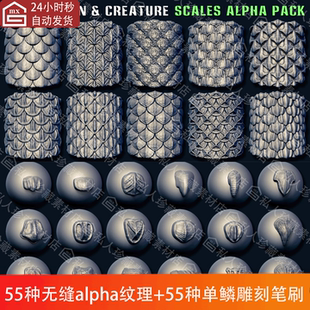 ZBrush生物龙鳞alpha雕刻笔刷PSD鳞甲无缝平铺纹理+单鳞片zb笔刷