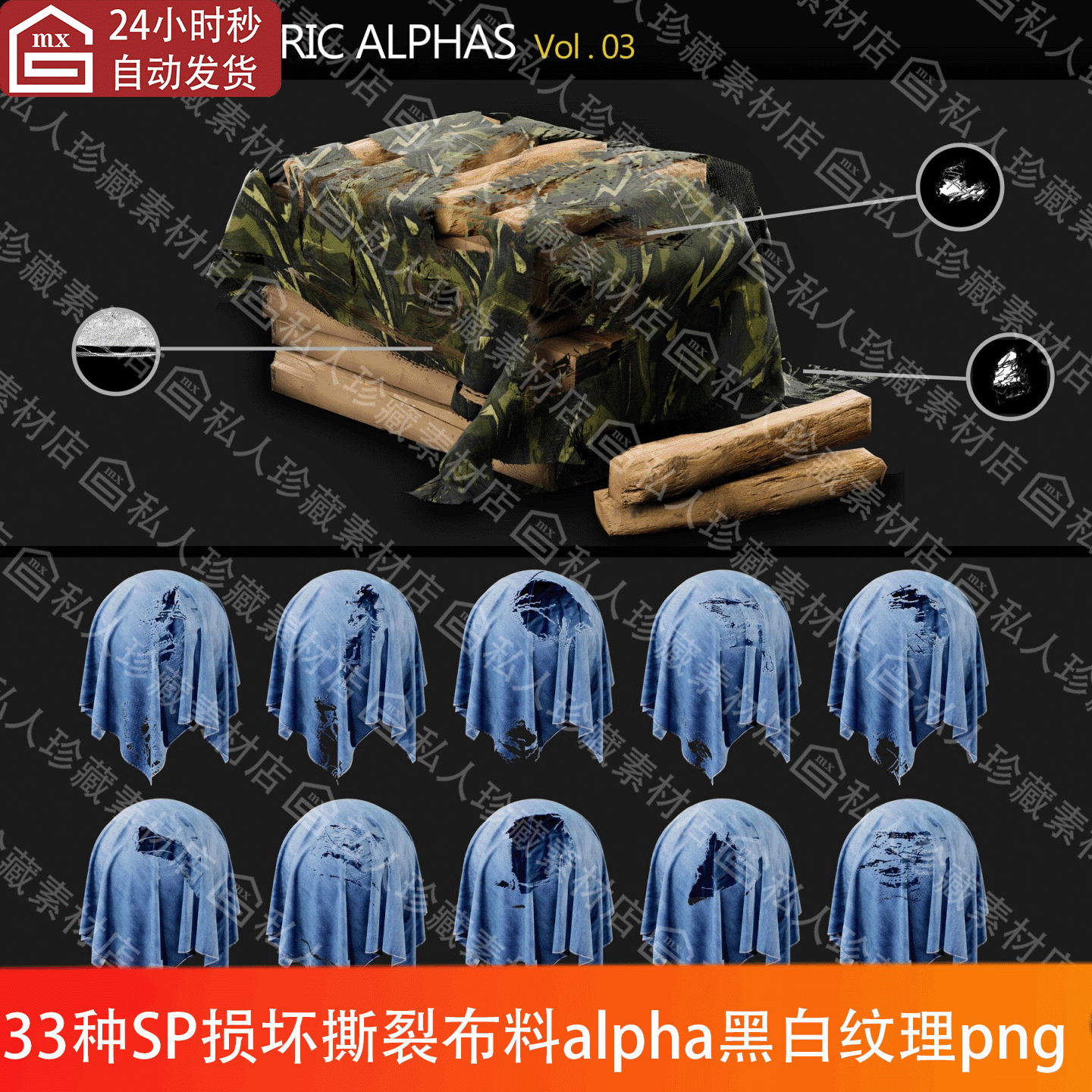 33种布料织物撕裂做旧破损边缘磨损衣服纹理黑白贴图png及教程
