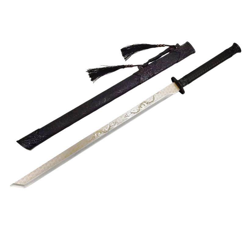 04161横刀金属具兵器影道装战饰皮鞘一体直刀未开刃不锈钢双唐龙