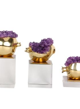 书新中式多子多w0117紫晶石榴摆件办公室客厅房家装居饰品黄铜工