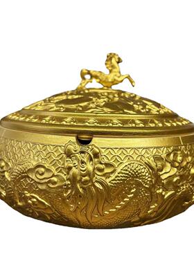 浮雕全龙马烟灰缸带盖铜黄铜办公室家YHO用客高档大厅号烟缸礼送