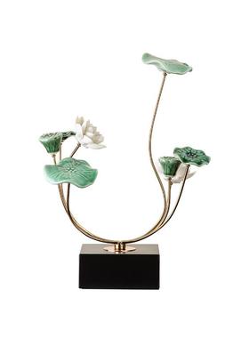 新中式意轻奢陶艺瓷荷叶摆件高LEZ级感创批家用家居客厅装饰工品