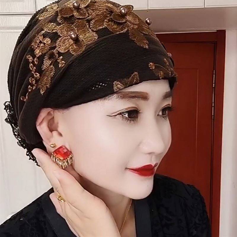 新款简约时尚包头帽立体花精致发带帽回族女士帽子遮白发头饰头巾