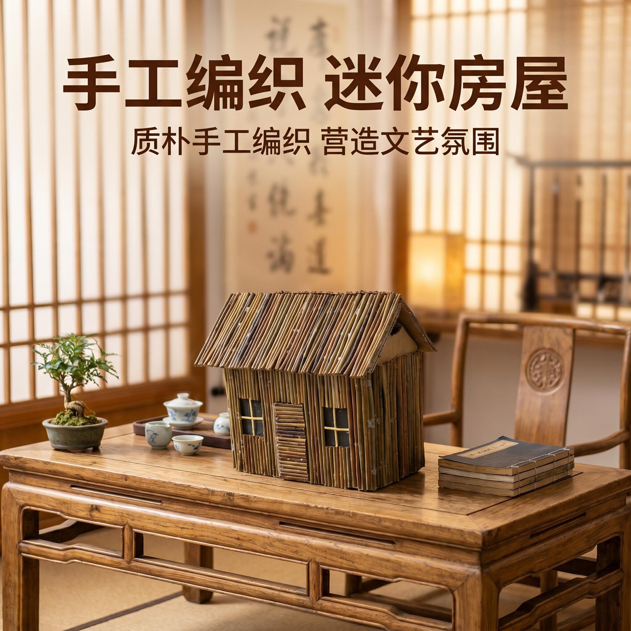 藤厥手工茅屋造景桌面陈设拍道具