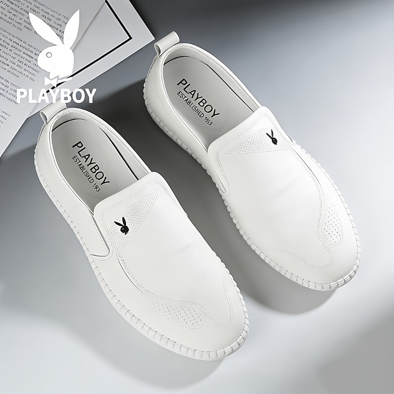 花花公子男鞋秋冬新款真皮豆豆鞋软底小白鞋一脚蹬商务休闲皮鞋男