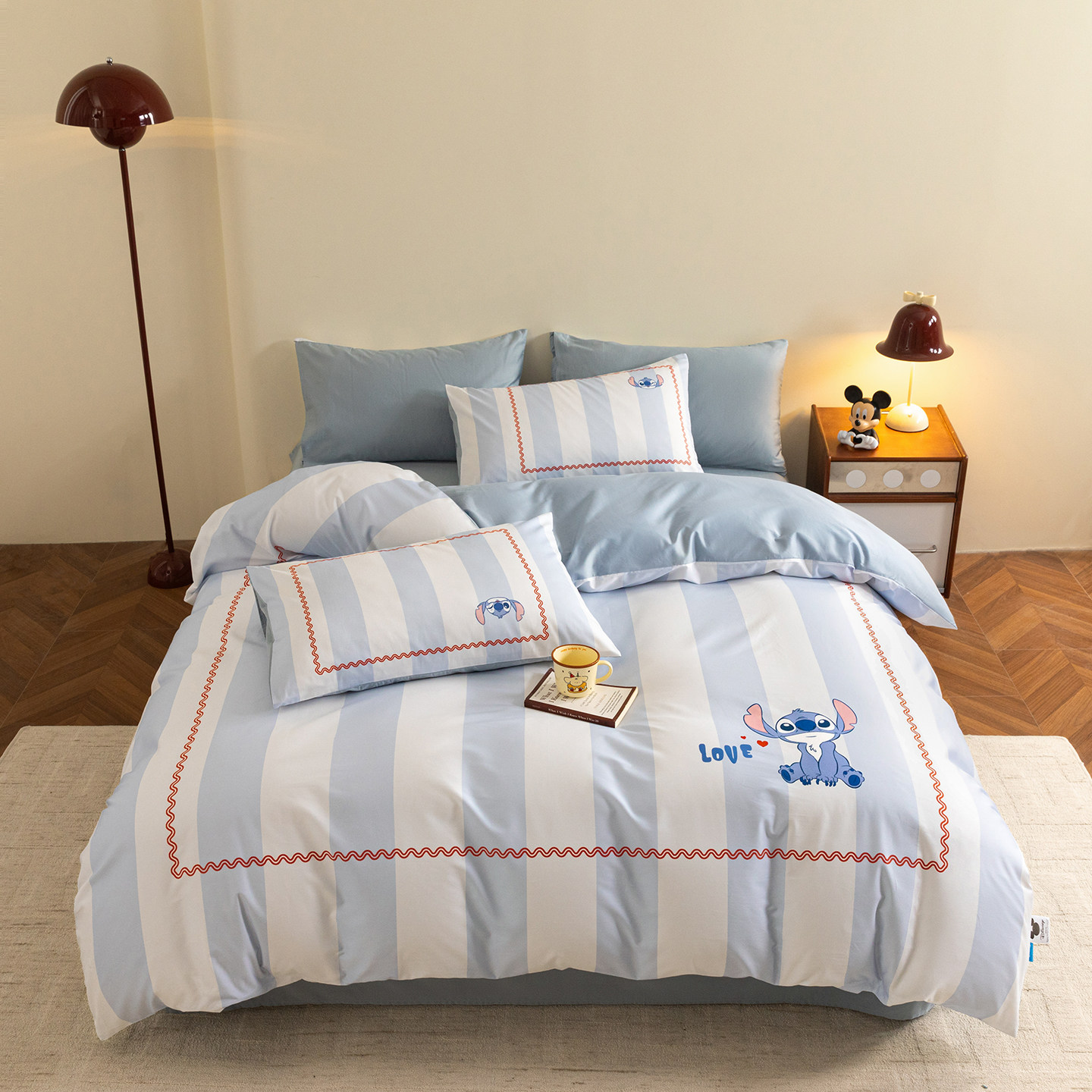 正版迪士尼史迪仔米奇纯棉四件套儿童卡通全棉三件套男女孩子宿舍