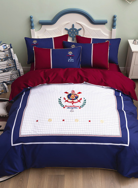 儿童四件套纯棉男孩蓝色英伦风全棉床上用品1.5床笠款1.2床三件套