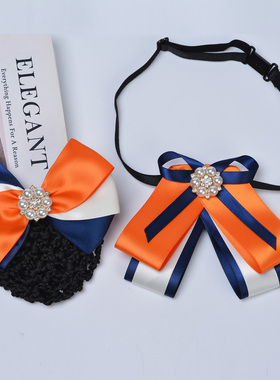 橙色学院风职业领结女南昌银行工作头花珍珠蝴蝶结蓝白橙三色套装
