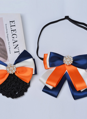 橙色学院风职业领结女南昌银行工作头花珍珠蝴蝶结蓝白橙三色套装