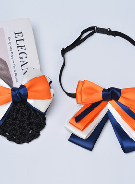 橙色学院风职业领结女南昌银行工作头花珍珠蝴蝶结蓝白橙三色套装