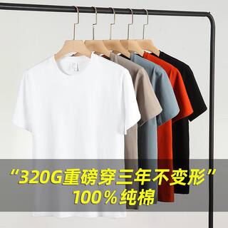 2023新款320g重磅纯棉短袖t恤男圆领宽松男女纯白色遮肉打底衫潮