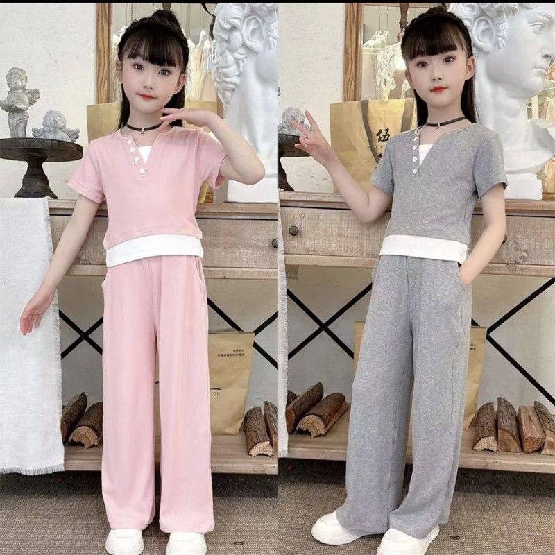 女童套装夏季2025新款洋气女大童假两件V领短袖女孩阔腿裤两件套