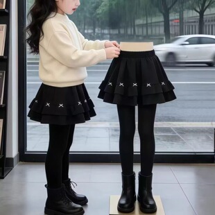 女童裤裙加绒冬装新款儿童假两件裙裤外穿中大童一体绒加厚打底裤