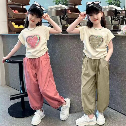 女童夏装套装2025新款夏季儿童大童女孩抽绳短袖t恤九分裤两件套