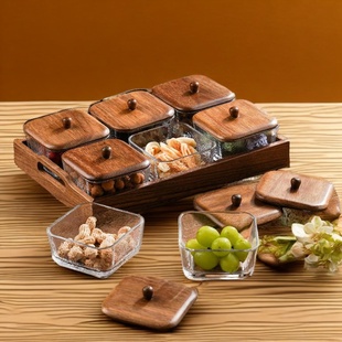 胡桃木果盘零食盘家用分格创意干果盘点心糖玻璃碗碟水果盘子甜点