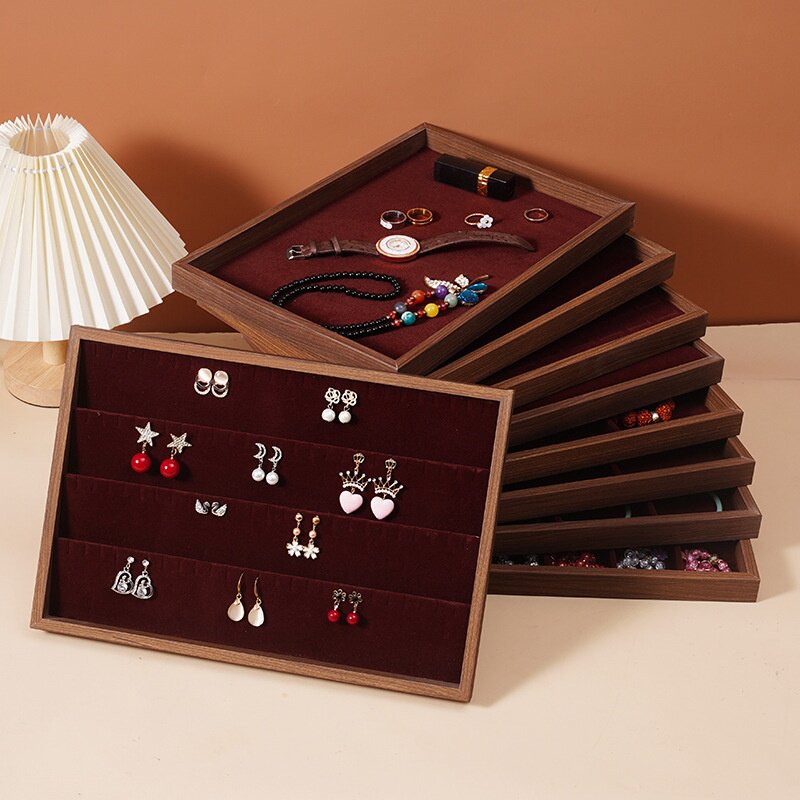胡桃木纹珠宝首饰托盘文玩格子收纳盘戒指项链手表饰品展示盘
