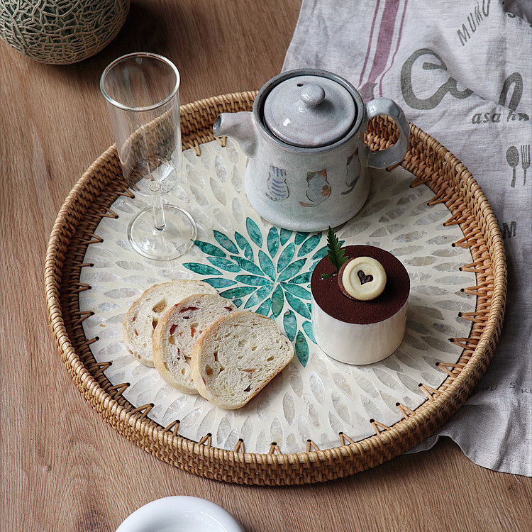 藤编贝壳托盘彩色装饰摆件茶盘小号置物圆形越南进口轻奢复古加厚,餐饮具,餐用托盘,淘宝优惠券,粉丝福利购,淘宝优惠卷