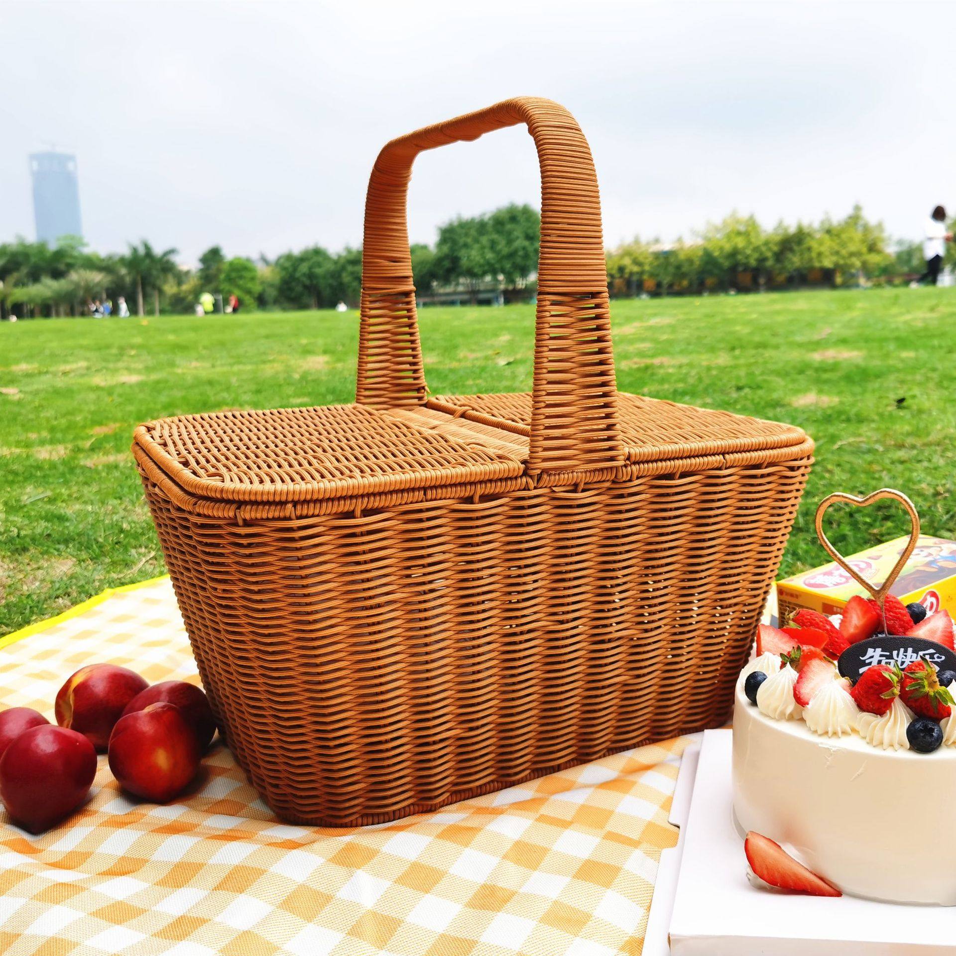 野餐篮子手提田园风藤编带盖户外购物其他收纳筐大号网红保洁商用