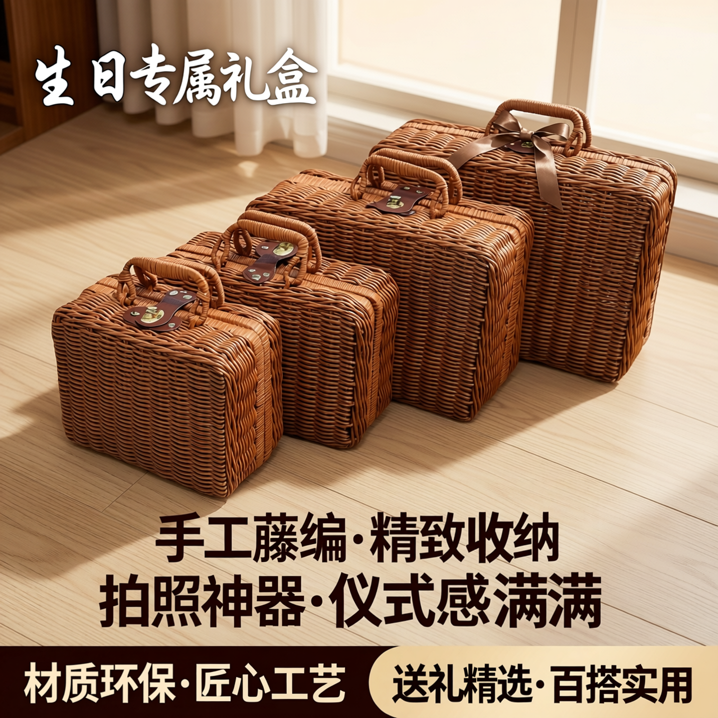 生日礼物礼盒包装绑蝴蝶结丝巾丝带藤条编织箱子女生手工空盒拍照