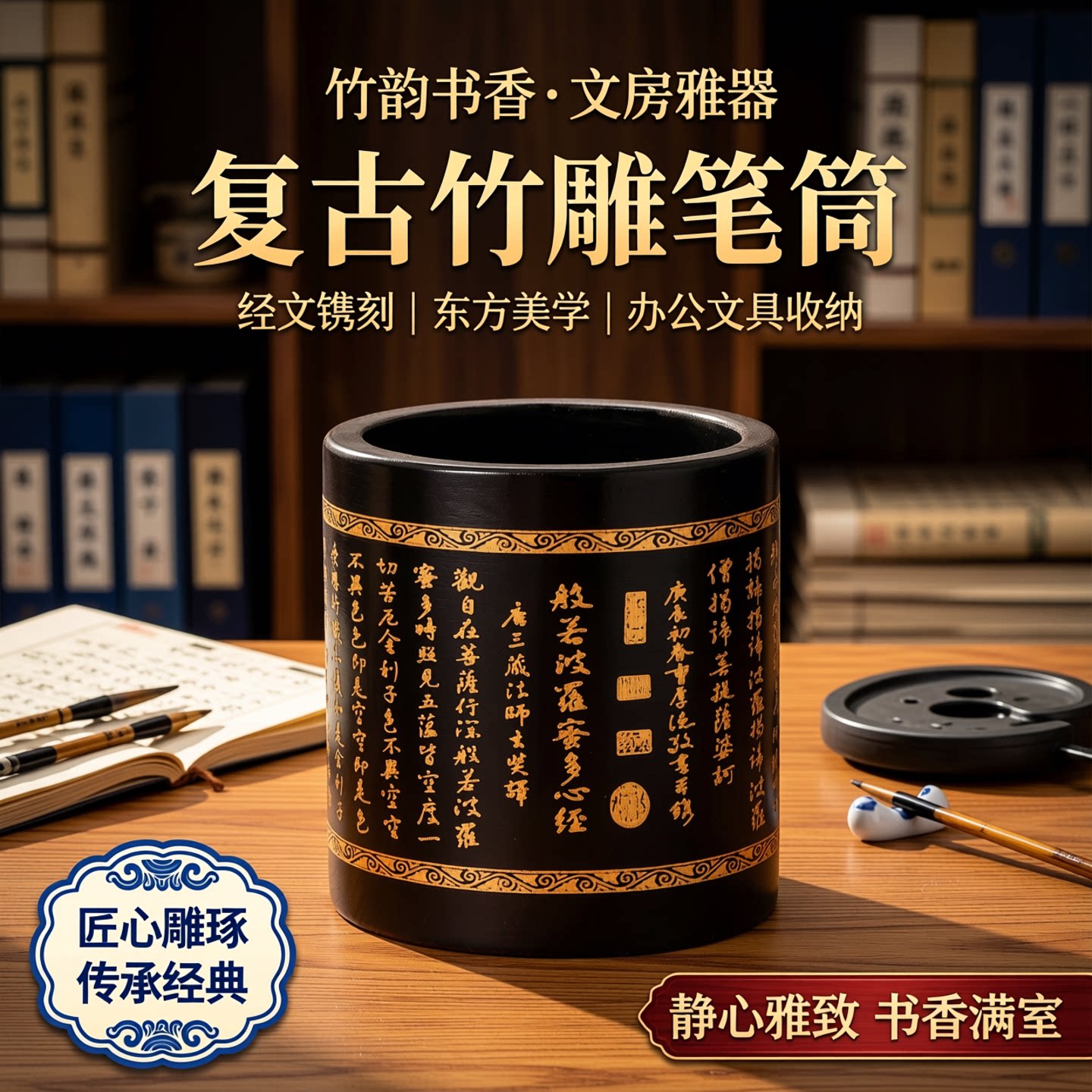 大号圆形笔筒竹雕创意摆件复古中国风办公桌面文具笔收纳盒毛笔