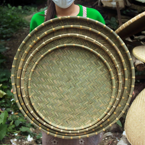 白藤锁边头层竹皮簸箕竹编晾晒圆形平底竹筐手编竹匾竹制品