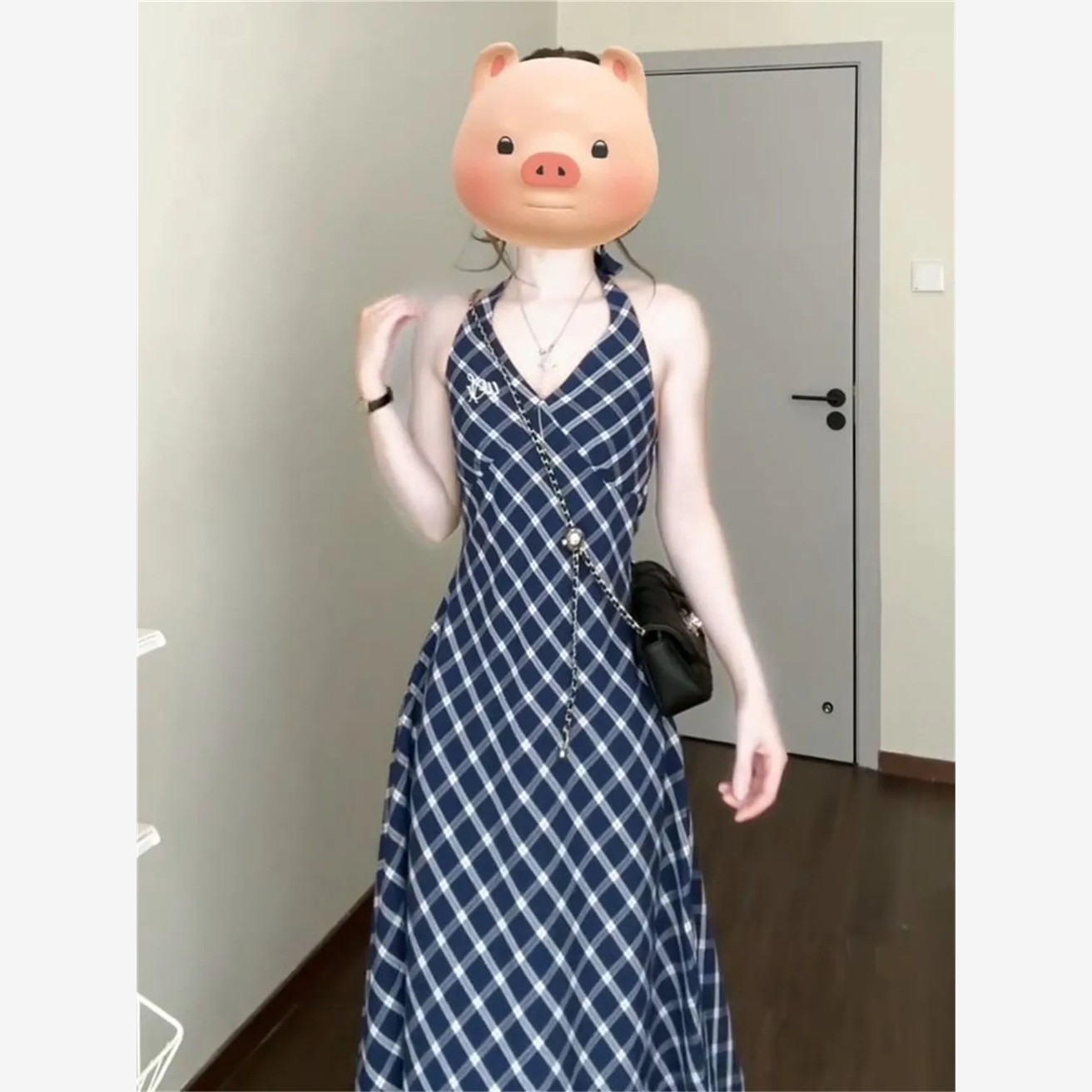 法式格子吊带连衣裙女装2