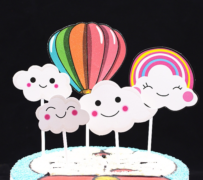 可爱卡通云朵蛋糕插件七彩热气球彩虹派对烘培蛋糕装饰插牌插旗