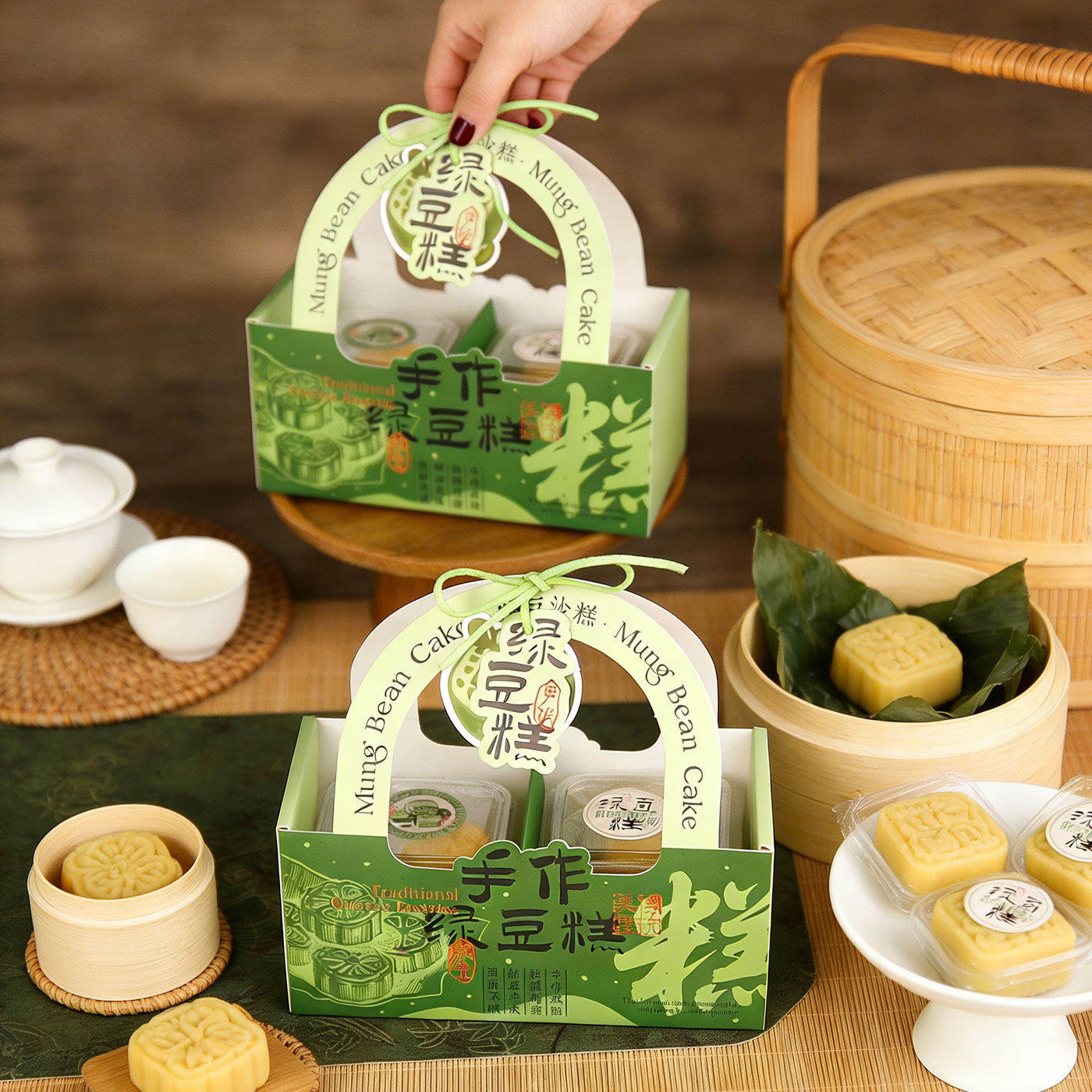 创意新款绿豆糕包装盒4粒6粒冰糕中式点心打包盒烘焙手提礼盒子
