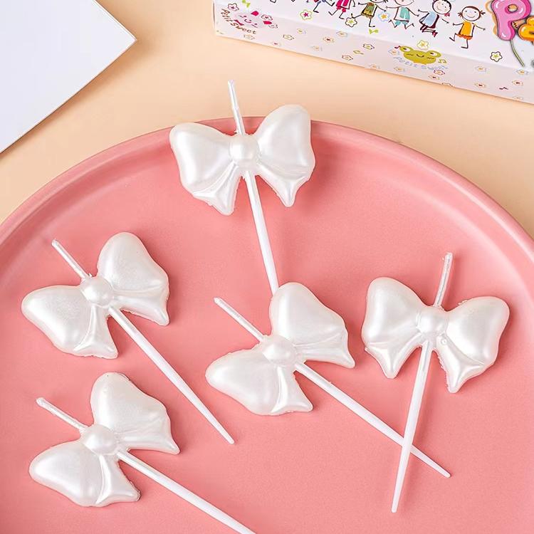 韩系ins珠光白色蝴蝶结蜡烛蛋糕装饰可爱小仙女生日派对插件装扮
